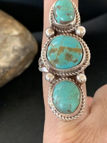 Navajo Sterling Silver Blue Turquoise Ring | 3-Stone | Sz 9 | Native American Handmade | 13615