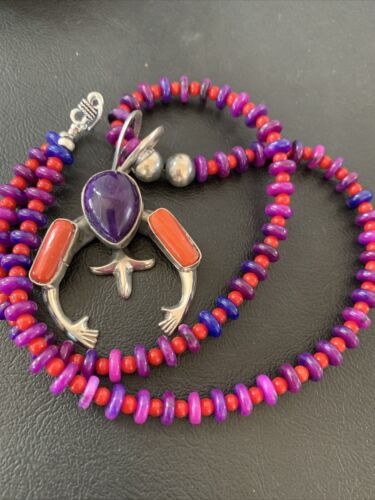Navajo Sterling Silver Necklace with Purple Sugilite and Red Coral Naja Pendant | Authentic Native American Handmade | 02150