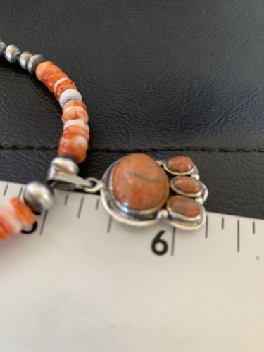Navajo Pearl Necklace with Red Apple Coral, Spiny Oyster  Pendant | Authentic Native American Sterling Silver | Multi-Stone | 12374