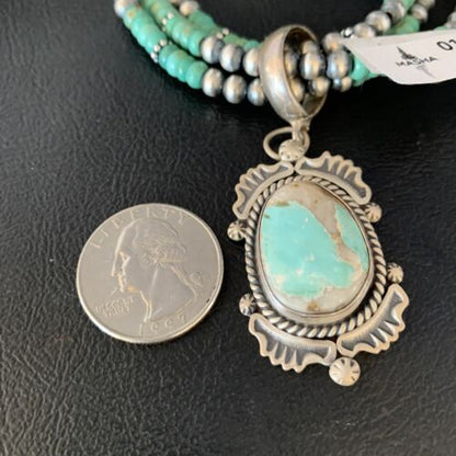 Navajo Royston Turquoise Pendant | Sterling Silver | 3-Strand Spiny Necklace | Authentic Native American Handmade | 01676