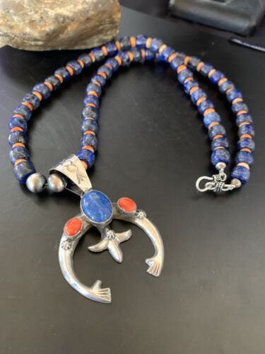Navajo Native American Blue Lapis Spiny Oyster Naja Pendant | Sterling Silver | 11492 - Masha USA