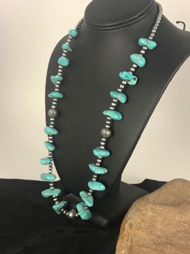Southwestern | Santo Domingo Kingman Turquoise Bead Necklace | Authentic Native American Handmade | 26" | Quinta 8348