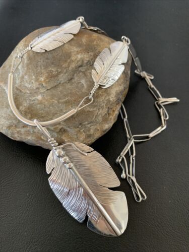 Men's Navajo Feather Choker Necklace Set | Sterling Silver Pendant | Native American Handmade | Begay | 21" | 02154