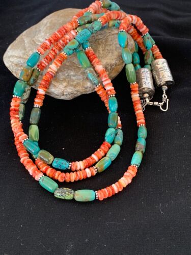 Native Navajo Sterling Silver Green 3S Turquoise Spiny Necklace Set2979