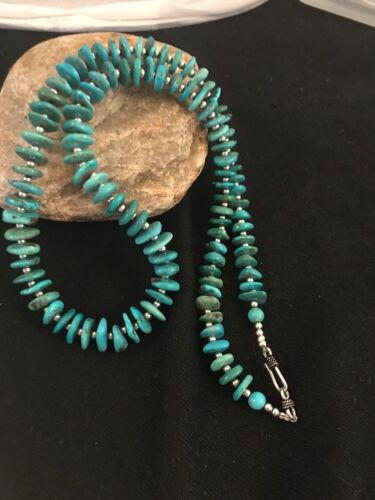 Santo Domingo Kingman Turquoise Necklace | Sterling Silver | 21" | Authentic Native American Handmade | 3996 - Masha USA