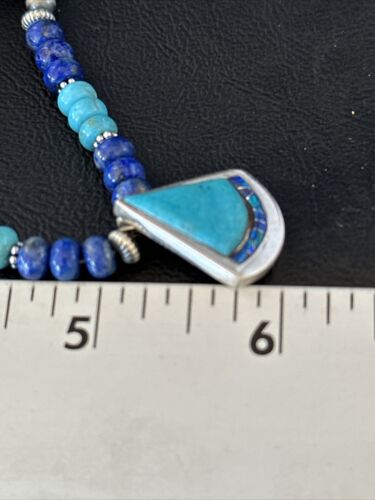 Navajo Blue Turquoise Lapis Inlay Pendant Necklace | Sterling Silver | Authentic Native American Handmade | 14636