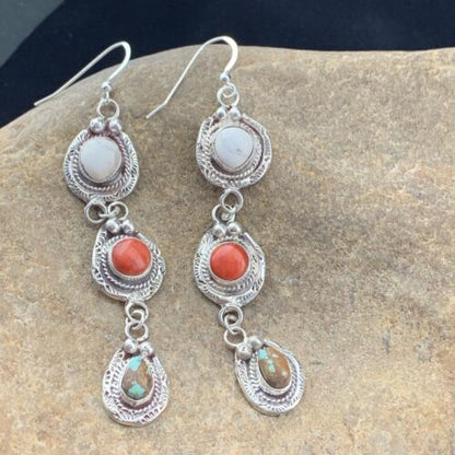 Navajo Spiny, Turquoise & Howlite Dangle Earrings | Sterling Silver | Authentic Native American Handmade | 01620