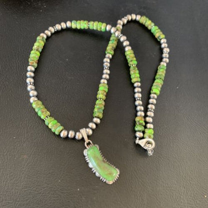 Navajo Green Gaspeite Turquoise Pendant | Sterling Silver | Authentic Native American Handmade | 13272