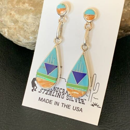 Navajo Multi-Color Turquoise Spiny Opal Inlay Earrings | Sterling Silver | 1.5" | 12010