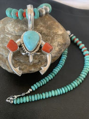 Navajo Pearl Necklace with Blue Turquoise & Coral | Sterling Silver Naja Pendant | 02062