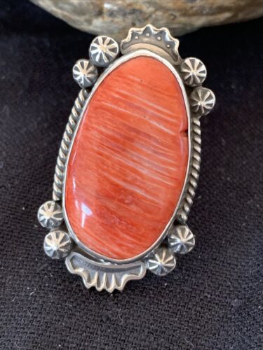 Southwestern Women's Navajo Red Spiny Oyster Ring | Sterling Silver | Sz 10 | Authentic Native American Handmade | 1005