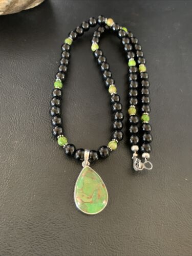 Navajo Pearls Onyx Mojave Turquoise Pendant Necklace | Sterling Silver | Authentic Native American Handmade | 13251