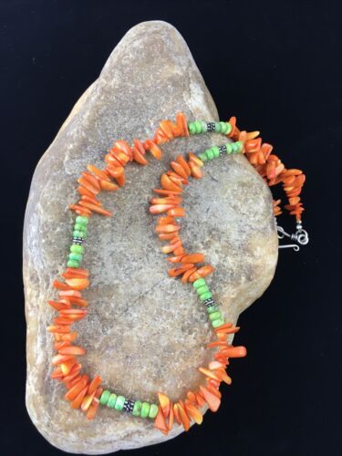 Navajo Orange Coral Turquoise Necklace | Sterling Silver | 18" | Authentic Native American Handmade | 10055