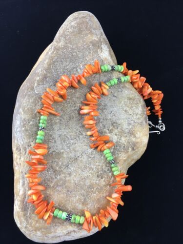 Native Navajo Orange Coral Turquoise Sterling Silver Necklace 18” 10055