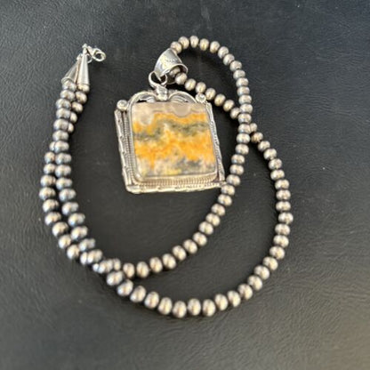 Navajo Bumblebee Jasper Pendant Necklace | Canary Yellow | Sterling Silver | Authentic Native American Handmade | 14249