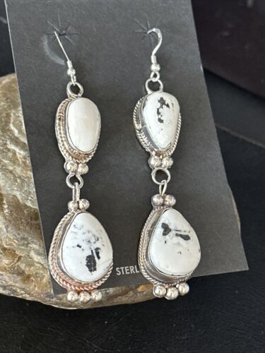 Navajo White Buffalo Turquoise Dangle Earrings | Sterling Silver | 2.5" | Authentic Native American Handmade | 14801