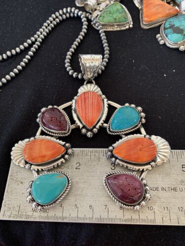 Navajo Sterling Silver Necklace with Turquoise & Spiny Oyster Naja Pendant | 00791