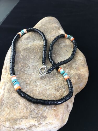 Navajo Black Onyx Turquoise Necklace | Sterling Silver | 18" | Authentic Native American Handmade | 10001