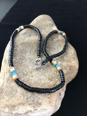 Navajo Black Onyx Turquoise Necklace | Sterling Silver | 18" | Authentic Native American Handmade | 10001
