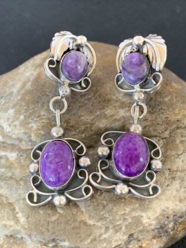 Navajo Purple Sugilite Dangle Post Earrings | Sterling Silver | 2" | Authentic Native American Handmade | 1524