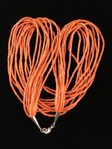 Native American Orange Spiny Heishi Necklace | 10 Strand | Sterling Silver | 20" | 10037