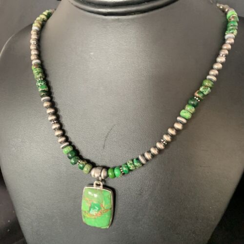 Navajo Pearls Green Mojave Turquoise Pendant Necklace | Sterling Silver | Native American Handmade | 13465