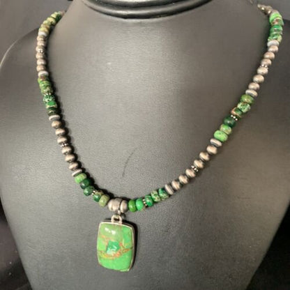 Navajo Pearls Green Mojave Turquoise Pendant Necklace | Sterling Silver | Native American Handmade | 13465