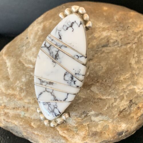 Navajo White Buffalo Turquoise Inlay Ring | Sterling Silver | Sz 7 | Authentic Native American Handmade | 12175