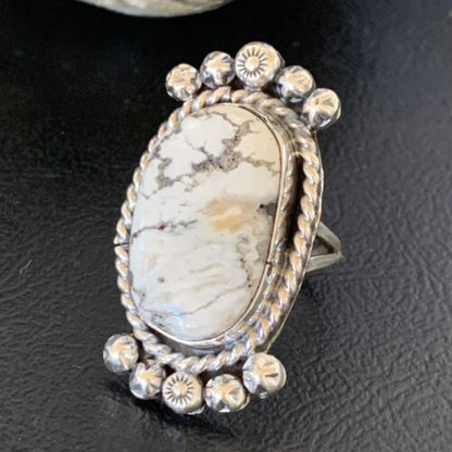 Navajo White Buffalo Turquoise Ring | Sterling Silver | Sz 8.5 | Authentic Native American Handmade | 13348