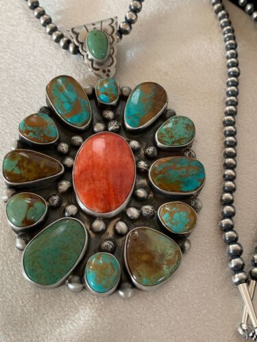 Navajo Royston Turquoise Spiny Oyster Multi-Stone Cluster Necklace | Authentic Native American Sterling Silver XL Pendant | 3237