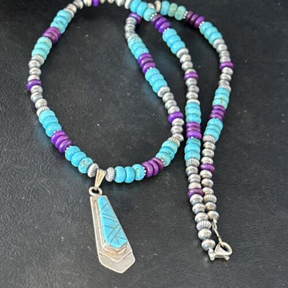 Navajo Blue Turquoise Sugilite Pendant | Sterling Silver Inlay Necklace | Authentic Native American Handmade | 14641