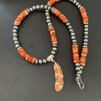 Navajo Pearl Sterling Silver Necklace | Orange Spiny Oyster Opal Leaf  Inlay Pendant | Native American Handmade | 11380