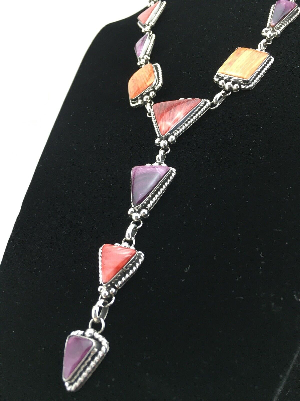 Navajo Spiny Oyster Pendant Necklace | Sterling Silver Lariat | Authentic Native American Handmade | 4904