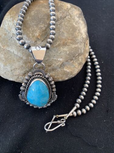 Men's Navajo Pearls Necklace | Sterling Silver Blue Kingman Turquoise Pendant | Native American Handmade | 793