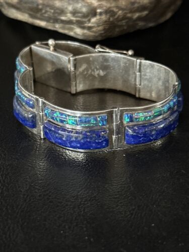 Native American Women's Blue Opal Lapis Inlay Link Bracelet | 7" | Sterling Silver | 14272