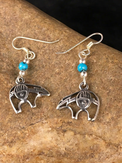 Navajo Sterling Silver Turquoise Bead Dangle Bear Paw Earrings | Authentic Native American Handmade | 8785