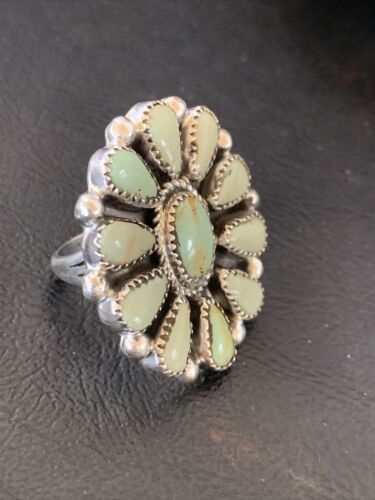 Navajo Women's Green Turquoise Multi-Stone Cluster Ring | Authentic Native American Sterling Silver | Sz 9 | 12194