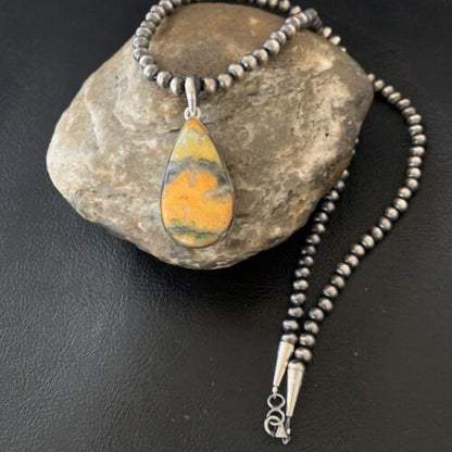 Navajo Yellow Bumblebee Jasper Pendant Necklace | Sterling Silver | Authentic Native American Handmade | 12807