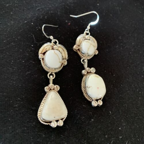 Navajo White Buffalo Turquoise Dangle Earrings | Sterling Silver | 2.50" | Authentic Native American Handmade | 1662