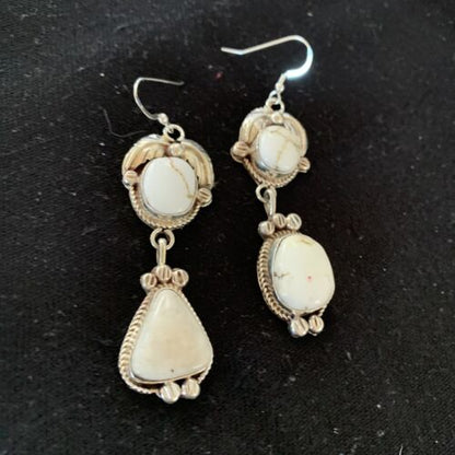 Navajo White Buffalo Turquoise Dangle Earrings | Sterling Silver | 2.50" | Authentic Native American Handmade | 1662