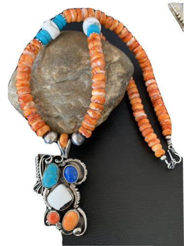 Navajo White Buffalo, Blue Turquoise Spiny Oyster Multi-Stone Pendant | Authentic Native American Sterling Silver | Multi-Stone | 02188