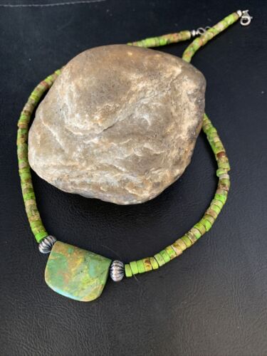 Navajo Green Gaspeite Turquoise Pendant | Sterling Silver | Authentic Native American Handmade | 13917