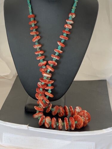 Native American Navajo Red Spiny Oyster & Turquoise Necklace | Sterling Silver | 34" Graduated | 4679