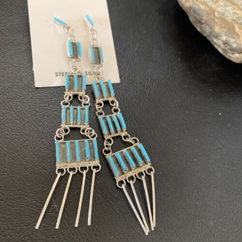 Zuni Handmade Kingman Turquoise Needle Point Dangle Earrings | Sterling Silver | 12123