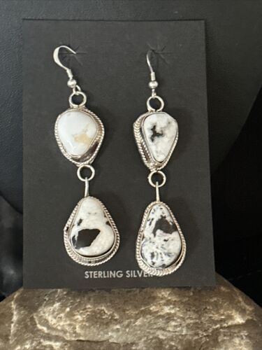 Navajo White Buffalo Turquoise Dangle Earrings | Sterling Silver | 2" | Authentic Native American Handmade | 14716