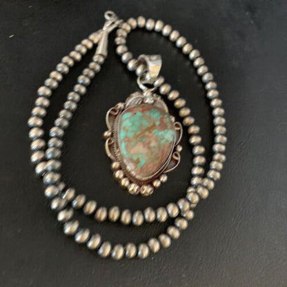 Men's Navajo Green Royston Turquoise Pendant Necklace | Sterling Silver | Authentic Native American Handmade | 13662 - Masha USA