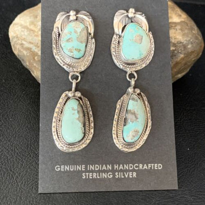 Navajo Blue Dry Creek Turquoise Post Dangle Earrings | Sterling Silver | Authentic Native American Handmade | 13880