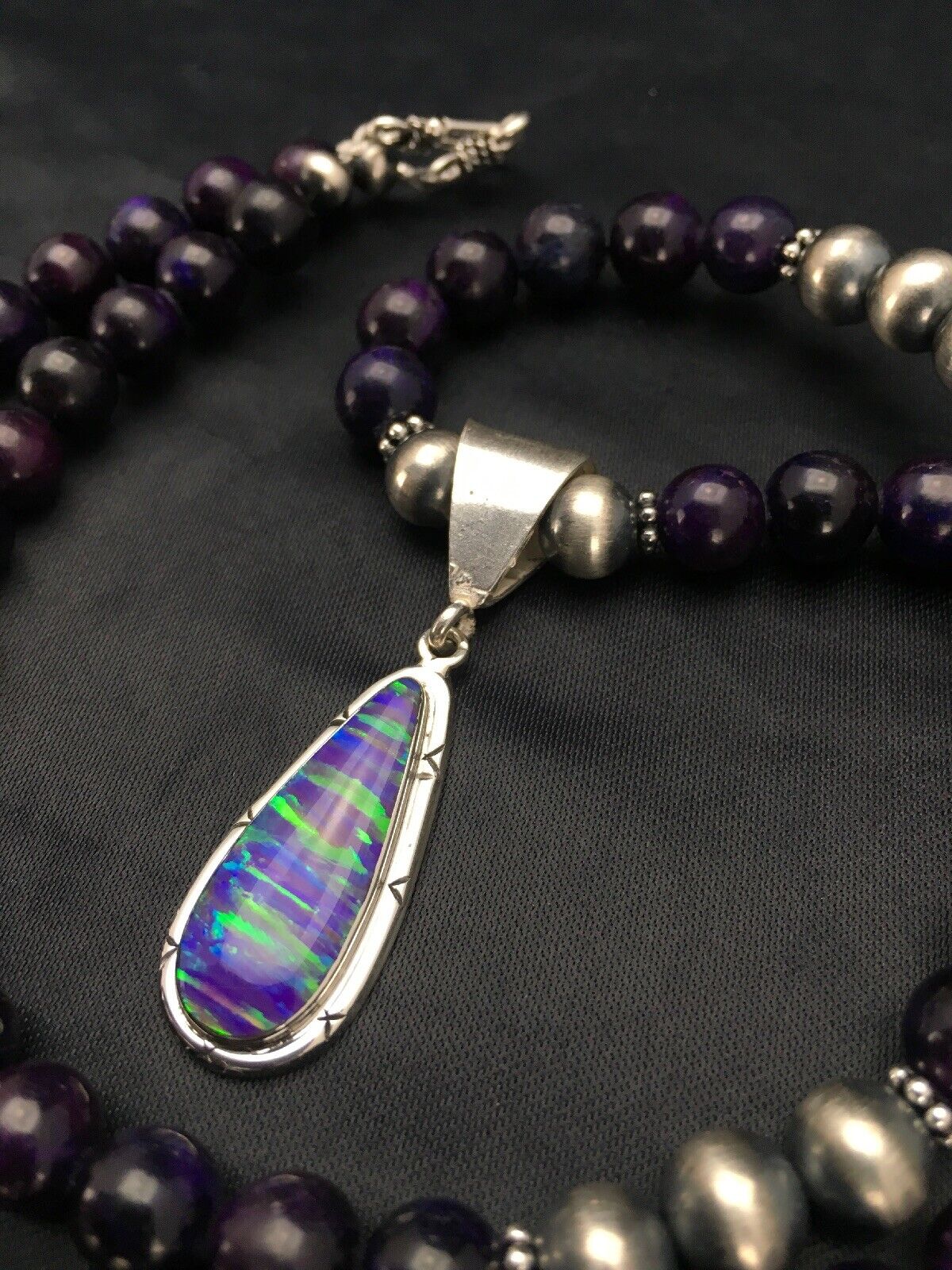 Navajo Purple Sugilite Necklace with Opal Pendant | Sterling Silver | 23" | Authentic Native American Handmade | 2794