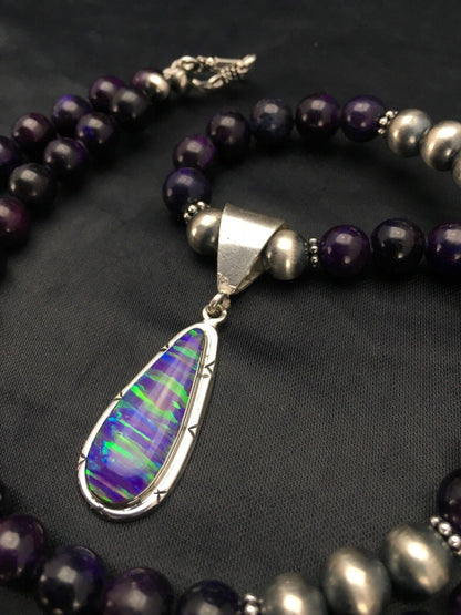 Navajo Purple Sugilite Necklace with Opal Pendant | Sterling Silver | 23" | Authentic Native American Handmade | 2794