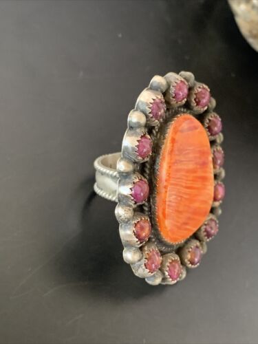 Navajo Spiny Oyster Cluster Ring | Authentic Native American Sterling Silver | Multi-Stone | Purple Orange | Sz 8 | 11513